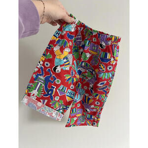 Vintage Red Light Weight Island Fish Pattern Pants